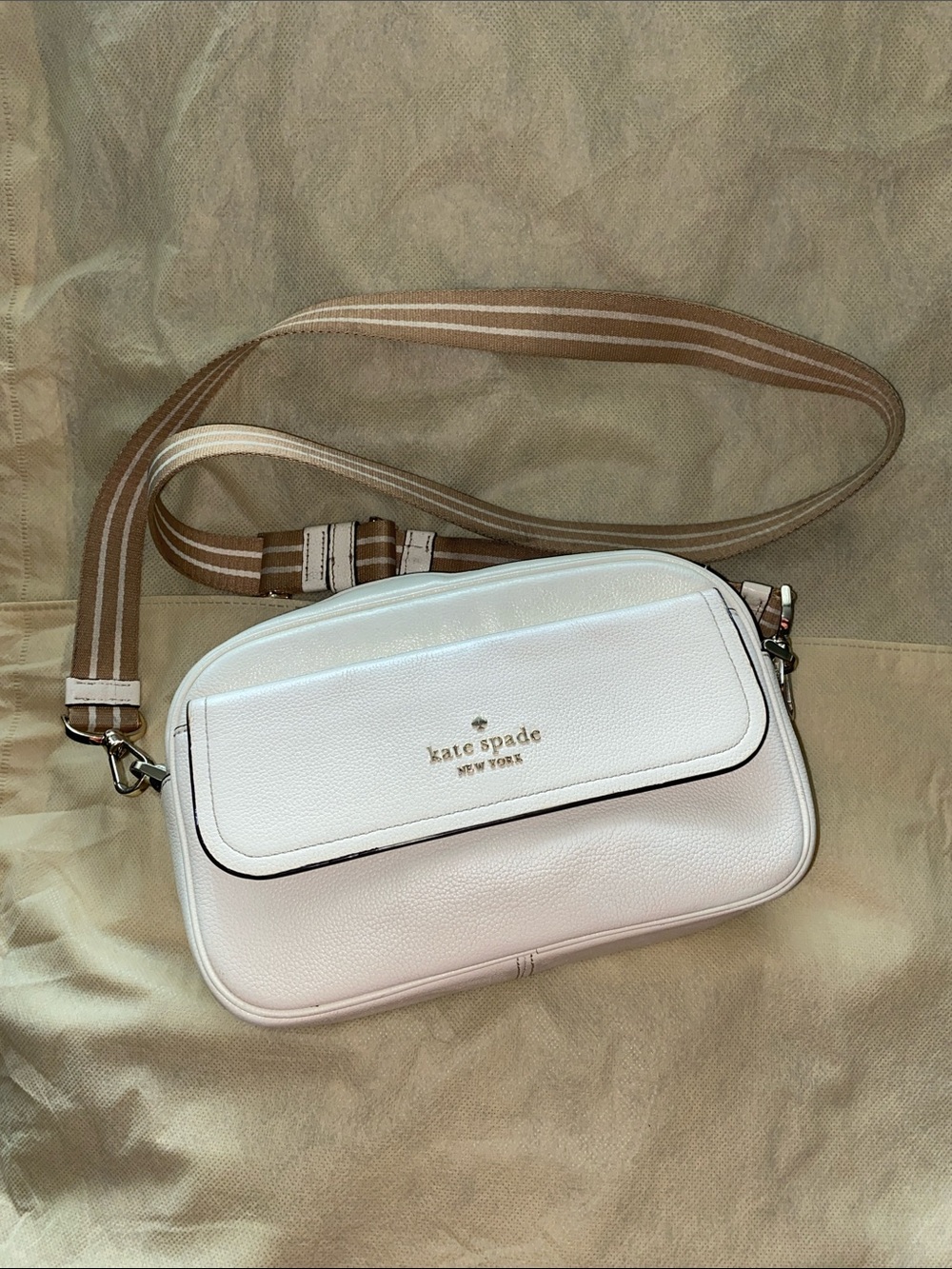kate spade White Leather Crossbody with Striped Tan Strap